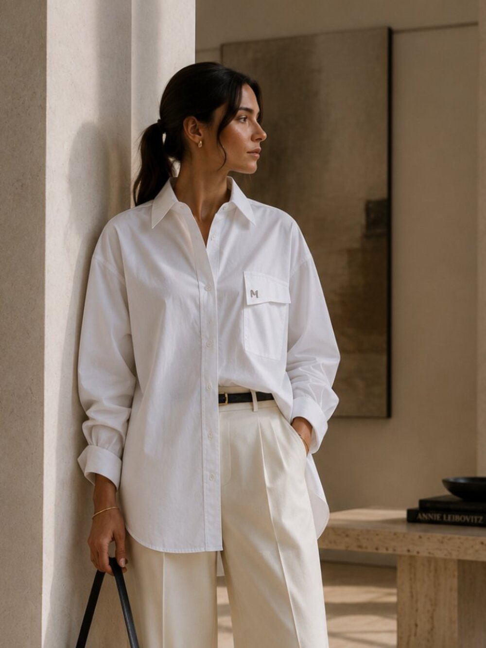 NWT MUGLER WHITE OVERSIZED HIGH LOW BUTTON DOWN SHIRT WITH SILVER LOGO